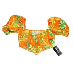 2 For $5 Sale NWT  Tropical Print Button Down Puff Sleeve Crop Top Large